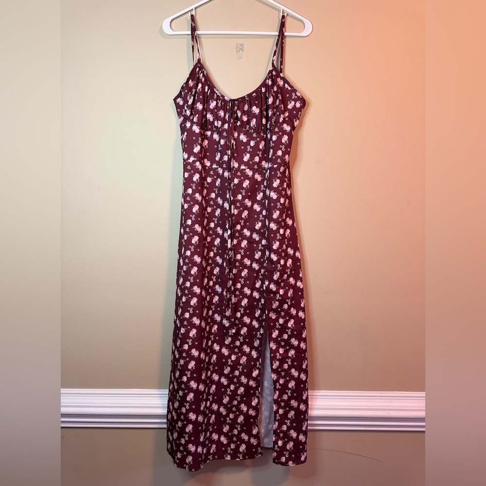 Brown and Pink Midi Dress with Flowing Silhouette